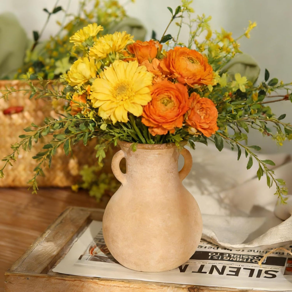 Brown Glass Vase with Handles - 7.5 Inch Rustic Terracotta Style Flower Vase, Vintage Decorative Round Bud Jar for Dried Flowers, Earthy Aesthetic Centerpiece for Modern Farmhouse & Boho Home Decor