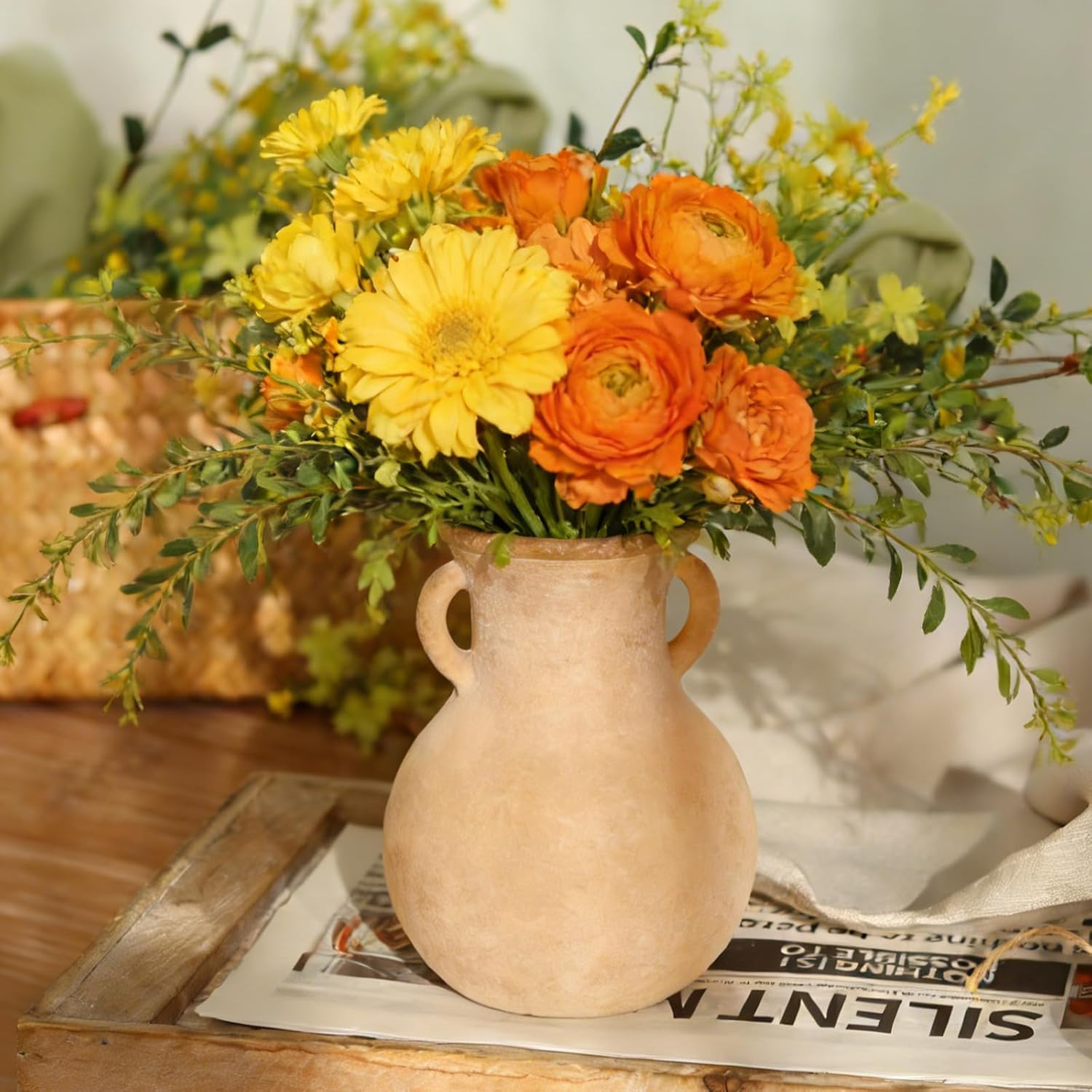 Brown Glass Vase with Handles - 7.5 Inch Rustic Terracotta Style Flower Vase, Vintage Decorative Round Bud Jar for Dried Flowers, Earthy Aesthetic Centerpiece for Modern Farmhouse & Boho Home Decor