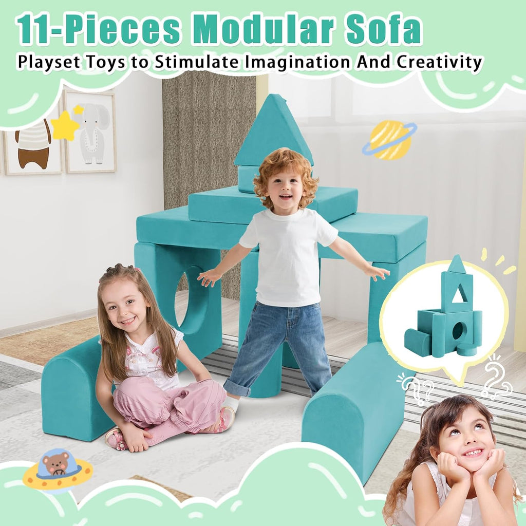 11pcs Modular Kids Play Couch Toddler Sectional Sofa DIY Creativing Convertible Play Fort Foam Play Couch Child Floor Folding Sofa for Playroom Bedroom Living Rooms Furniture(Dark Gray)