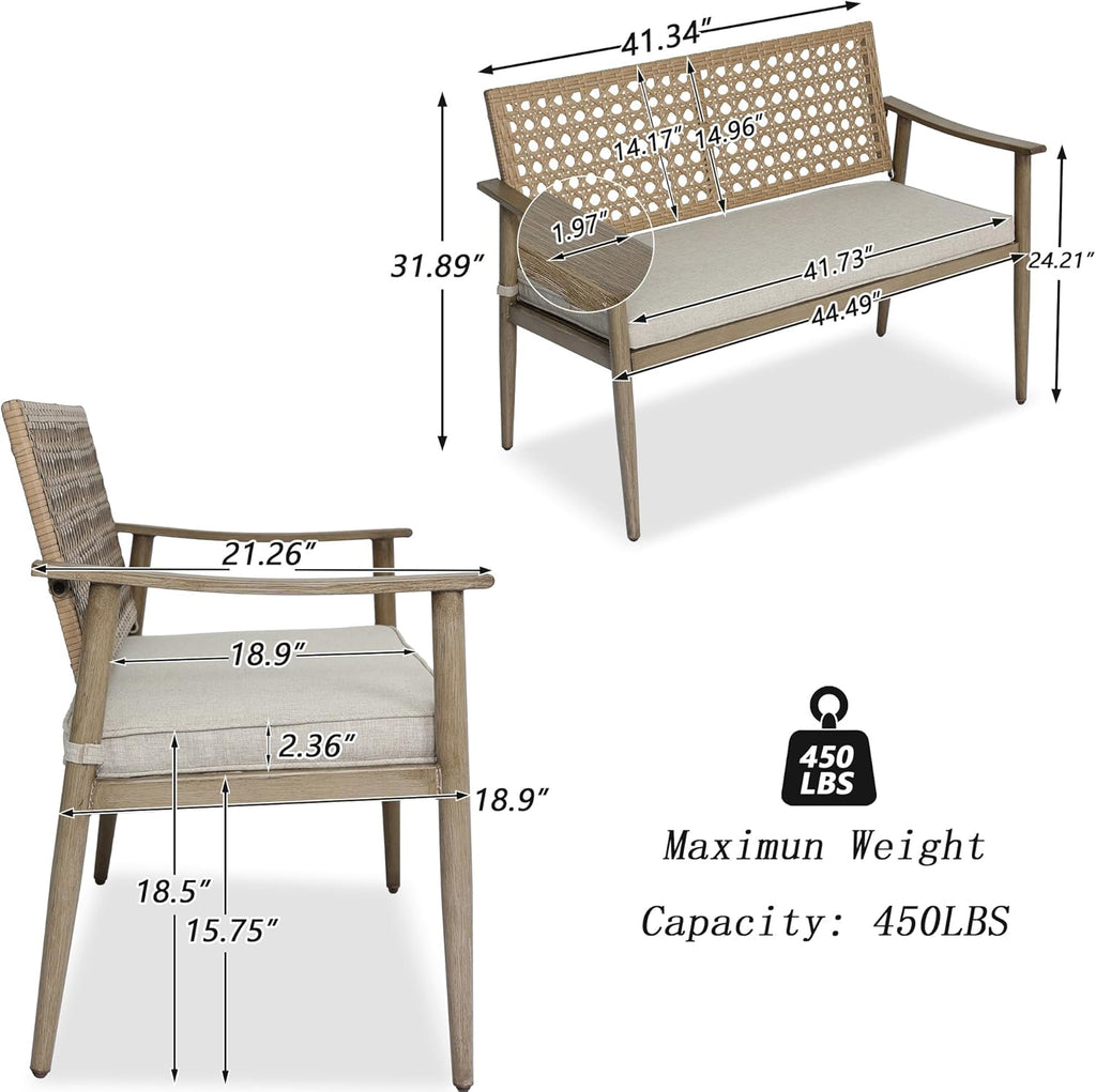 NOBLEMOOD Outdoor Patio Bench with Cushion, 2-Person Garden Loveseat Bench with Wicker Backrest, Aluminum Frame for Outside, Garden, Lawn, Front Porch, Backyard