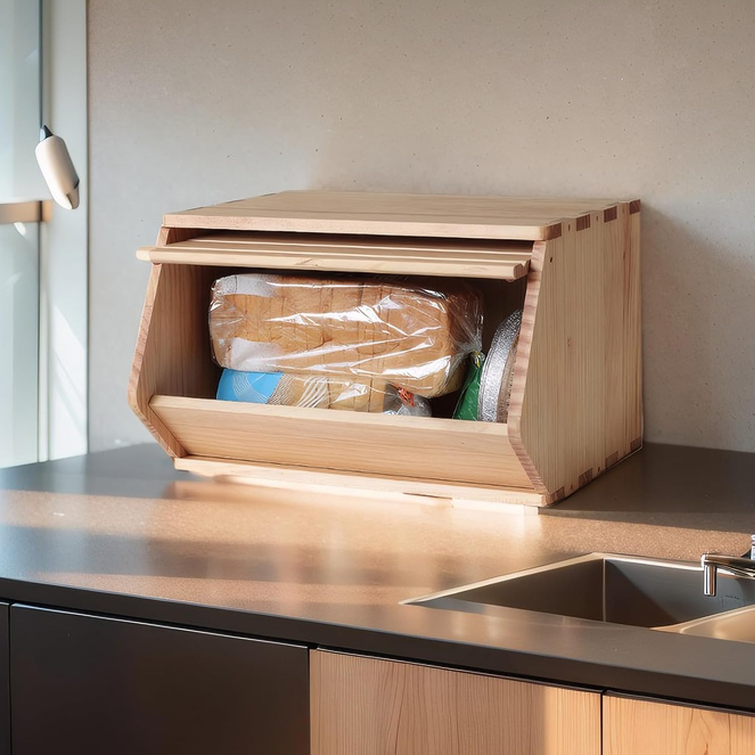 Stackable Solid Wood Storage Chests,Bins with Lids,Modular Wooden Multi-use Box,Closet Storage Organizers,Hall Entryway Cabinet,Drawers,Potato,Onion,Bread,Classify by Items,15.5”W(1 Pack)
