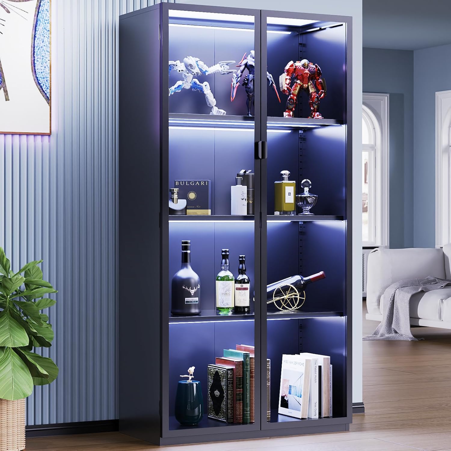Display Cabinet with Glass Doors, 4-Tier Curio Cabinet with 3 Color Lights,Glass Display Case for Collectibles with Adjustable Shelves-Toys,Books,Figures,Exhibit(63" Black)