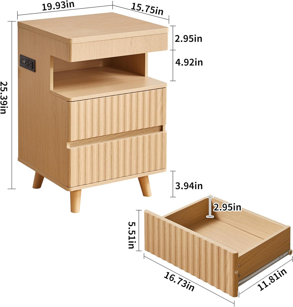 Night Stand with Gun Drawer, Charging Station, End Table with LED Lights, Modern Side Table with 2 Drawers & Open Shelf, Fluted Bedside Table for Bedroom Living Room Office, Oak