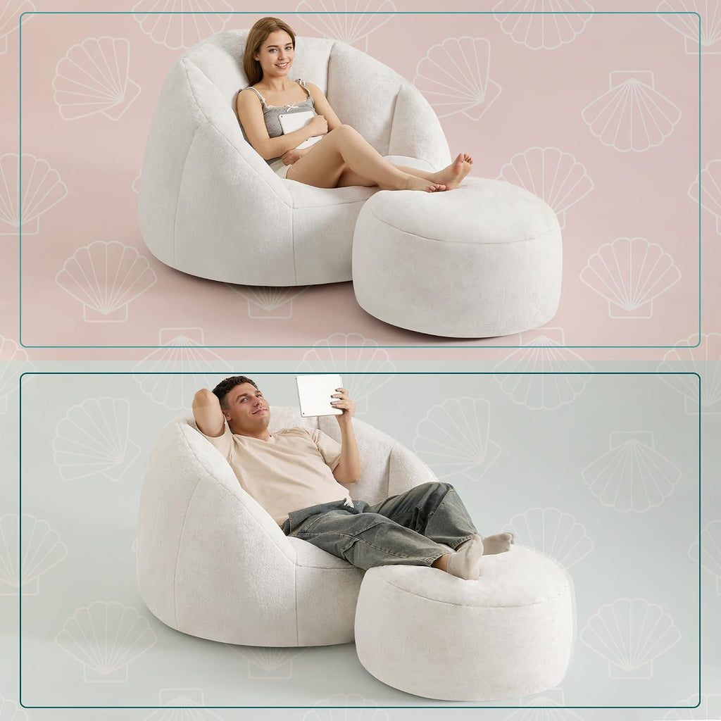 Gericco Swivel Giant Bean Bag Chair for Adults with Ottoman - Comfy Plush Round Shell Soft Accent Chaise Lounge Indoor Chair, Oversized Cozy Floor Sofa for Living Room, Bedroom & Game Rooms, Beige