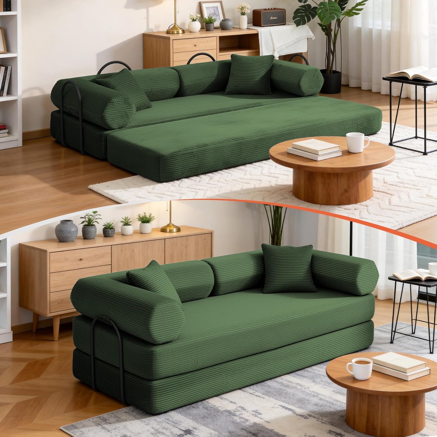 79" Corduroy Sofa Bed, Boneless Couch in a Box with 2 Pillows, High-Density Foam 4-in-1 Foldable Sleeper Futon Loveseat for Small Spaces, No Assembly, Side Pockets, Hex Arm Hunter Green