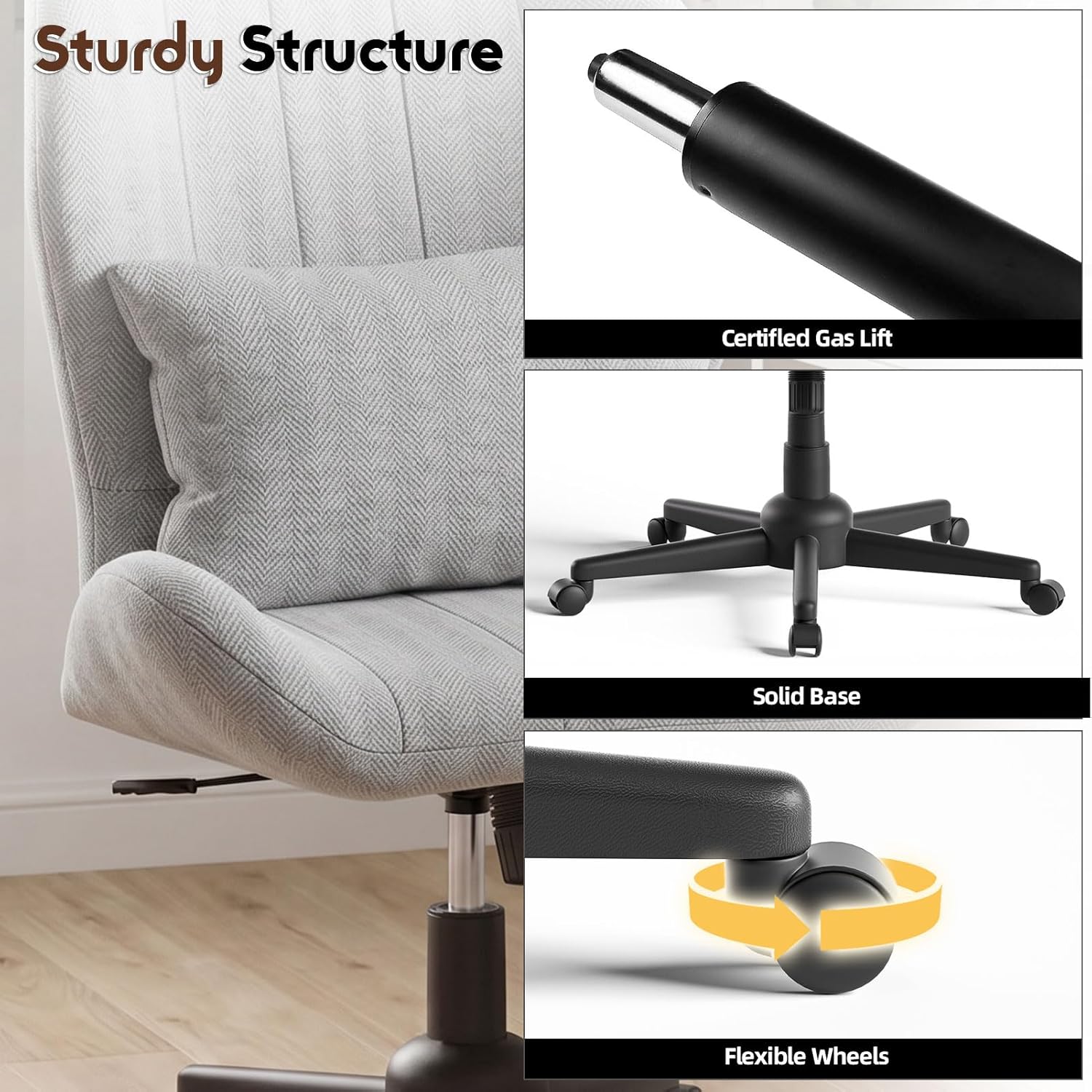 Criss Cross Chair with Wheels, Wide Cross Legged Chair with Lumbar Pillow & High Back, High-Density Foam Seat, Wing-Shaped Design for Home Office Desk Vanity Gray