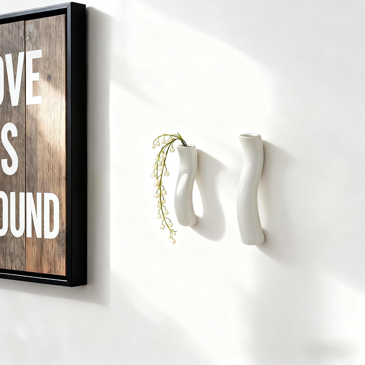 Set of 2 Wall Ceramic Vase, White Matte Hanging Wall Vase, Modern Minimalist Ceramic Vases for Dried or Fresh Flowers, Easy Mount Decor for Living Room & Entryway