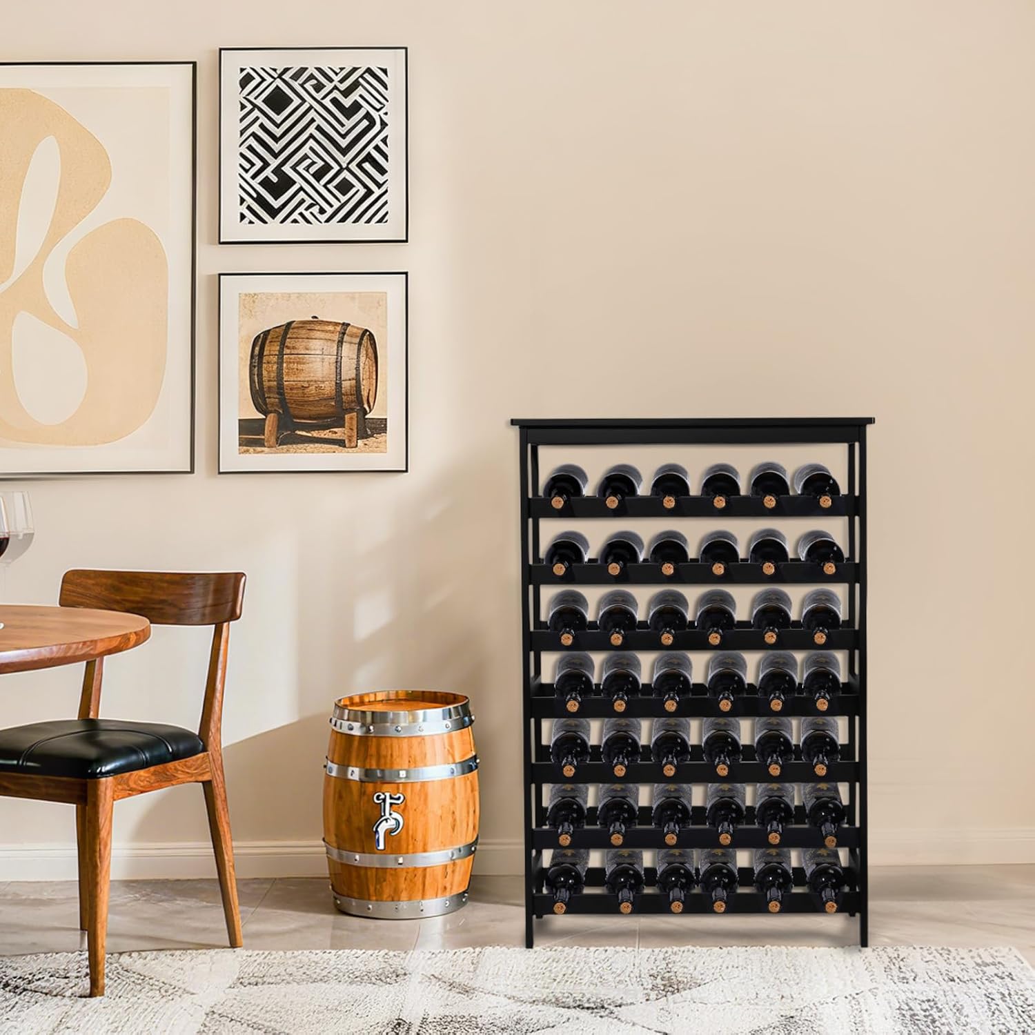 Bamboo Wine Rack Freestanding Floor, 7-Tier 42-Bottle Wine Storage Shelf with Table Top - Black