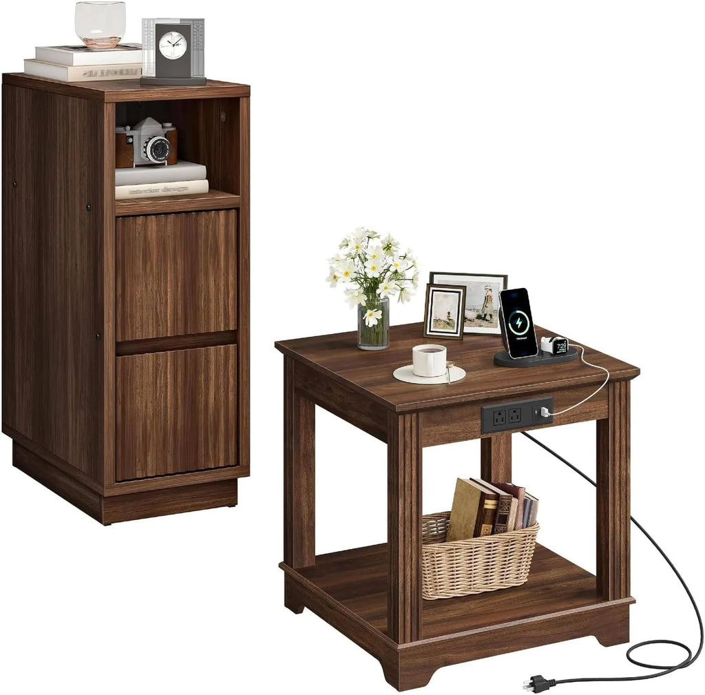 CHOEZON Narrow Nightstand and Farmhouse End Table with Charging Station Bundle, 2-Tier Large Side Table, Square End Table, Skinny Side Table for Living Room, Bedroom MBZ12HT-MBZ15UHT