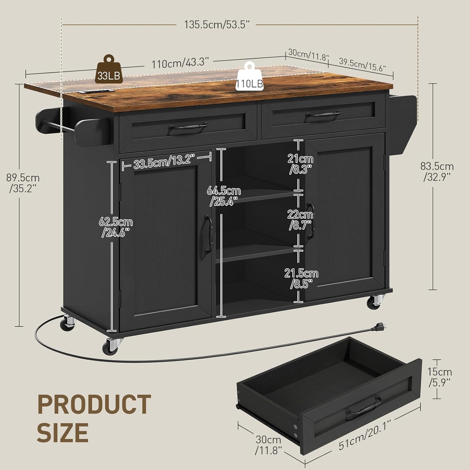 RALGEND Kitchen Island with Power Outlets & Drop Leaf, Kitchen Cart with Storage, Drawer and Spice Rack, Tower Rack, Island Table, Black and Rustic Brown