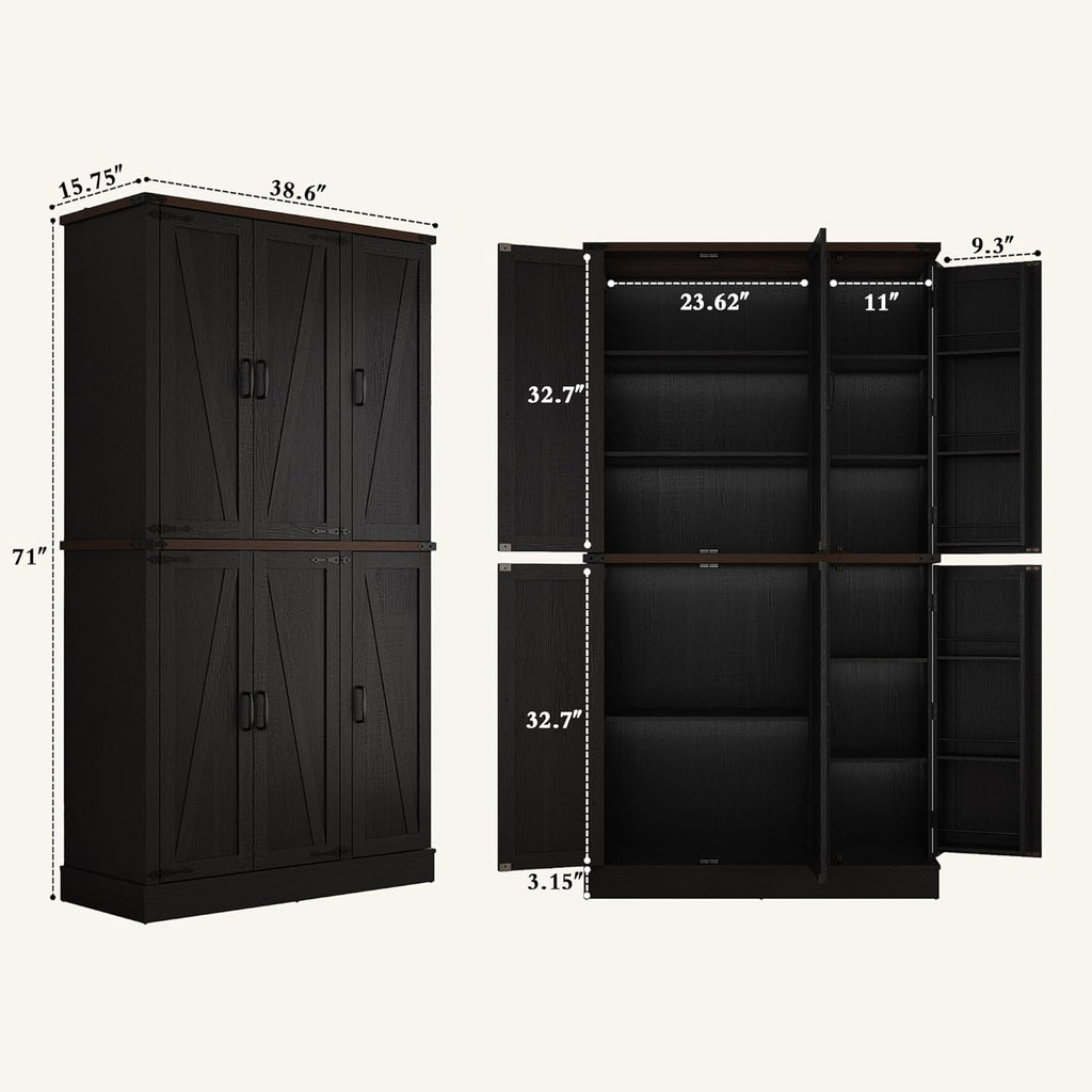 Hlivelood 71" Tall Kitchen Pantry,Farmhouse Storage Cabinet with Barn Doors,Organizer,Rustic Wood Cupboard,Farmhouse Pantry Cabinet for Kitchen,Dining Room,Living Room(Black)