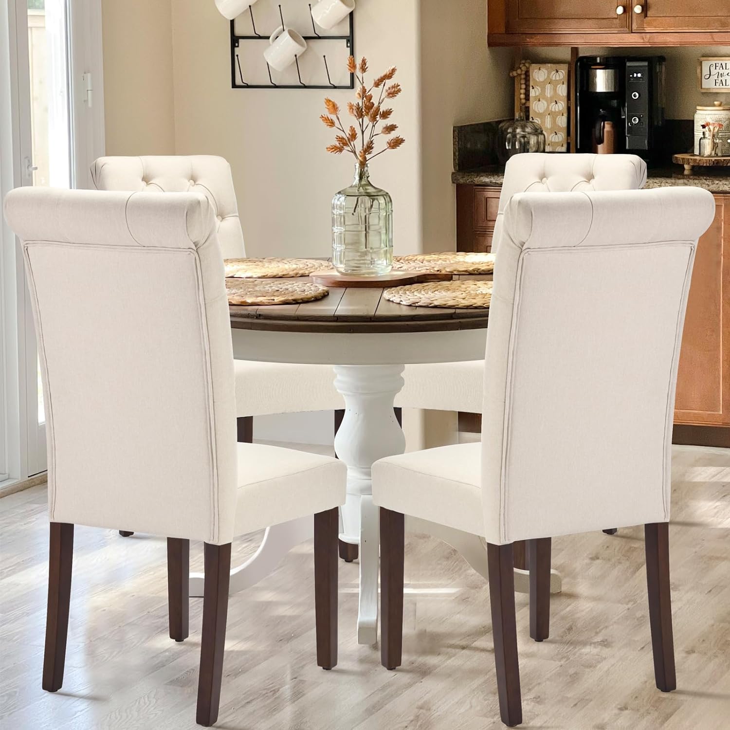 COLAMY Tufted Dining Chairs Set of 2, Accent Parsons Diner Chair Upholstered Fabric Stylish Kitchen Chairs with Solid Wood Legs and Padded Seat, Beige