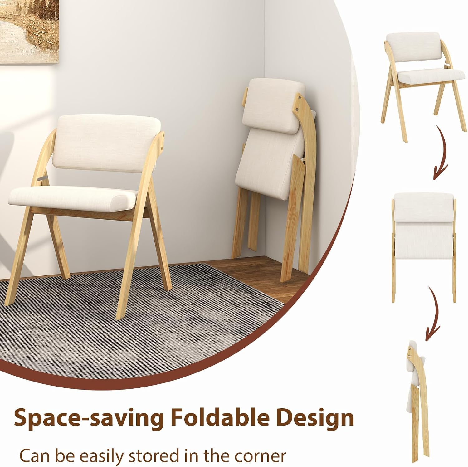 POWERSTONE Folding Chairs Set of 2 with Cushion, Modern Foldable Kitchen Dining Chairs with Rubber Wood Legs for Guests Home Office Wedding Party, No Assembly Natural