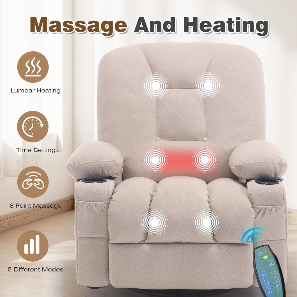 Rocker Recliner Chair with Massage and Heat, Oversized Rocking Nursery Recliners Overstuffed Swivel Glider with Cup Holder, Fabric Manual Single Sofa for Living Room, Beige