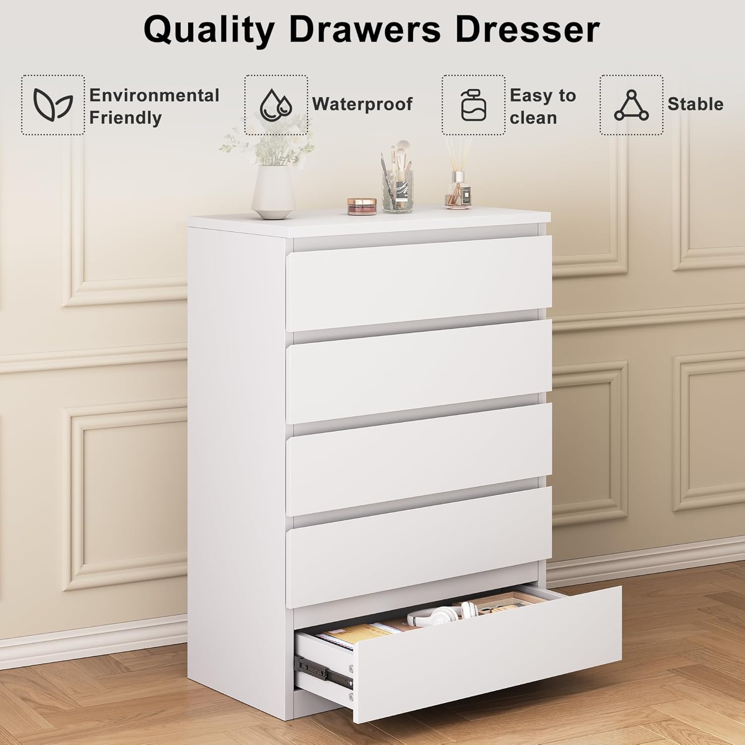 Jocoevol White 5 Drawer Dresser for Bedroom, 15" D x 23.7" W x 40.4" H in Simply Modern Chest of Drawers, Wood Storage Dresser with Deep Drawers for Living Room Hallway Entryway, White