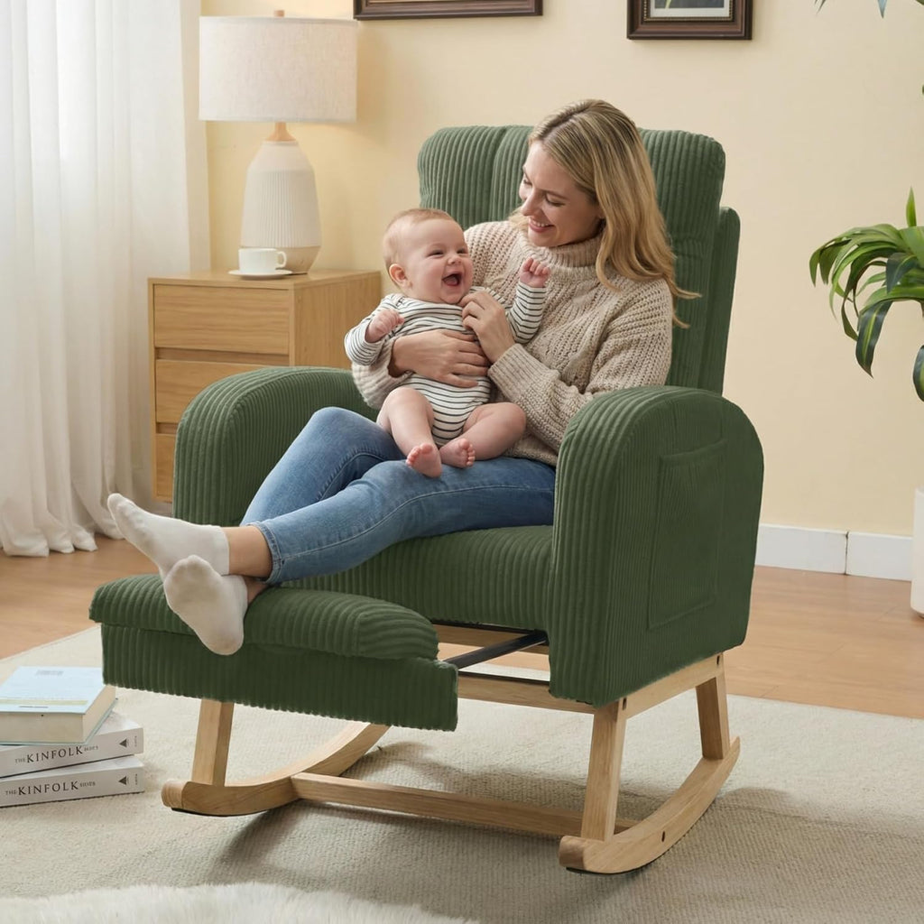 NIOIIKIT Nursery Rocking Chair, Corduroy Upholstered Rocking Chair with Adjustable Footrest, Tufted Rocker Chair with Side Pocket, Glider Rocker for Living Room, Bedroom (Green Retro)