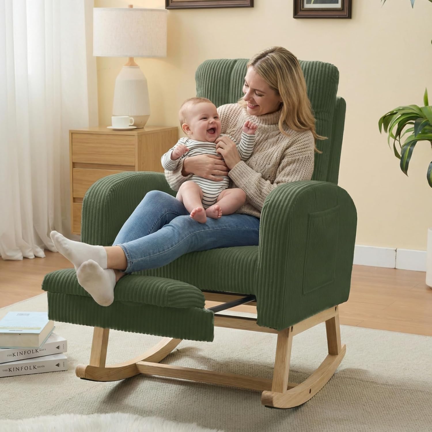 NIOIIKIT Nursery Rocking Chair, Corduroy Upholstered Rocking Chair with Adjustable Footrest, Tufted Rocker Chair with Side Pocket, Glider Rocker for Living Room, Bedroom (Green Retro)