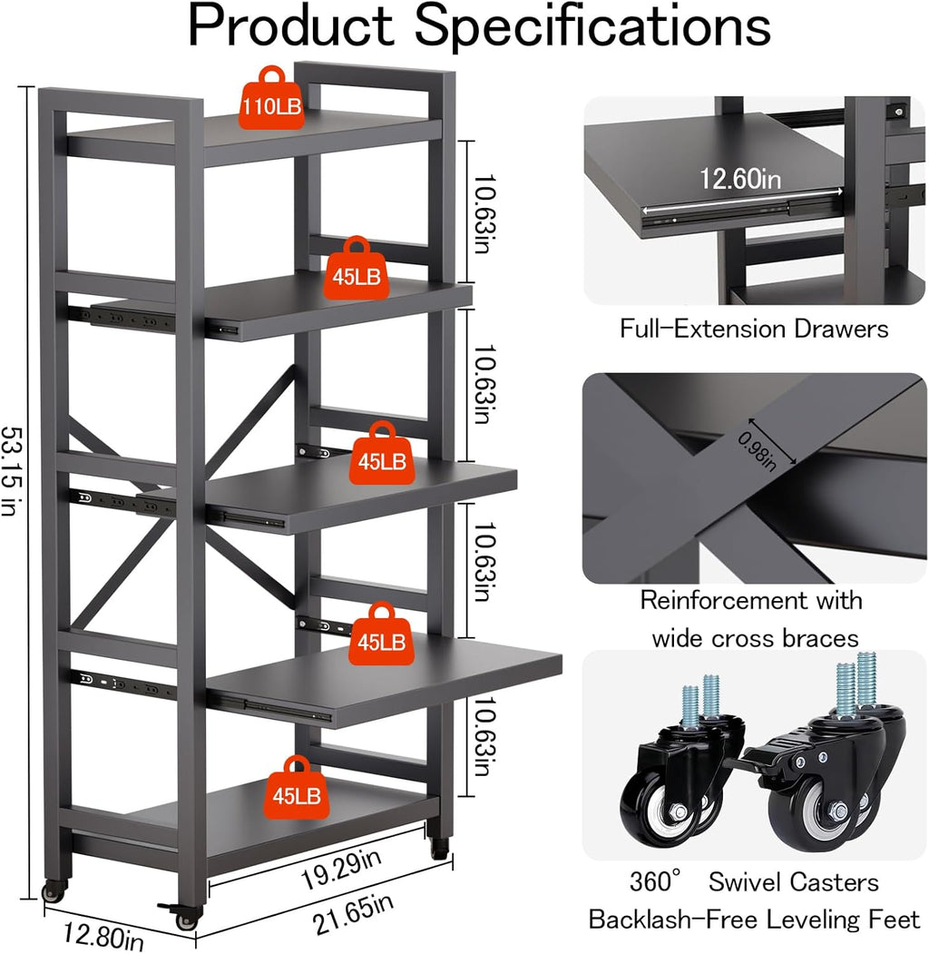 Kitchen Shelf Organizer 5 Tiers Metal Kitchen Bakers Rack Microwave Stand with Storage Cabinet Kitchen Shelves Kitchen Rack for Spices,Pots,Kitchen Rack for Kitchen, Entryway, Living Room