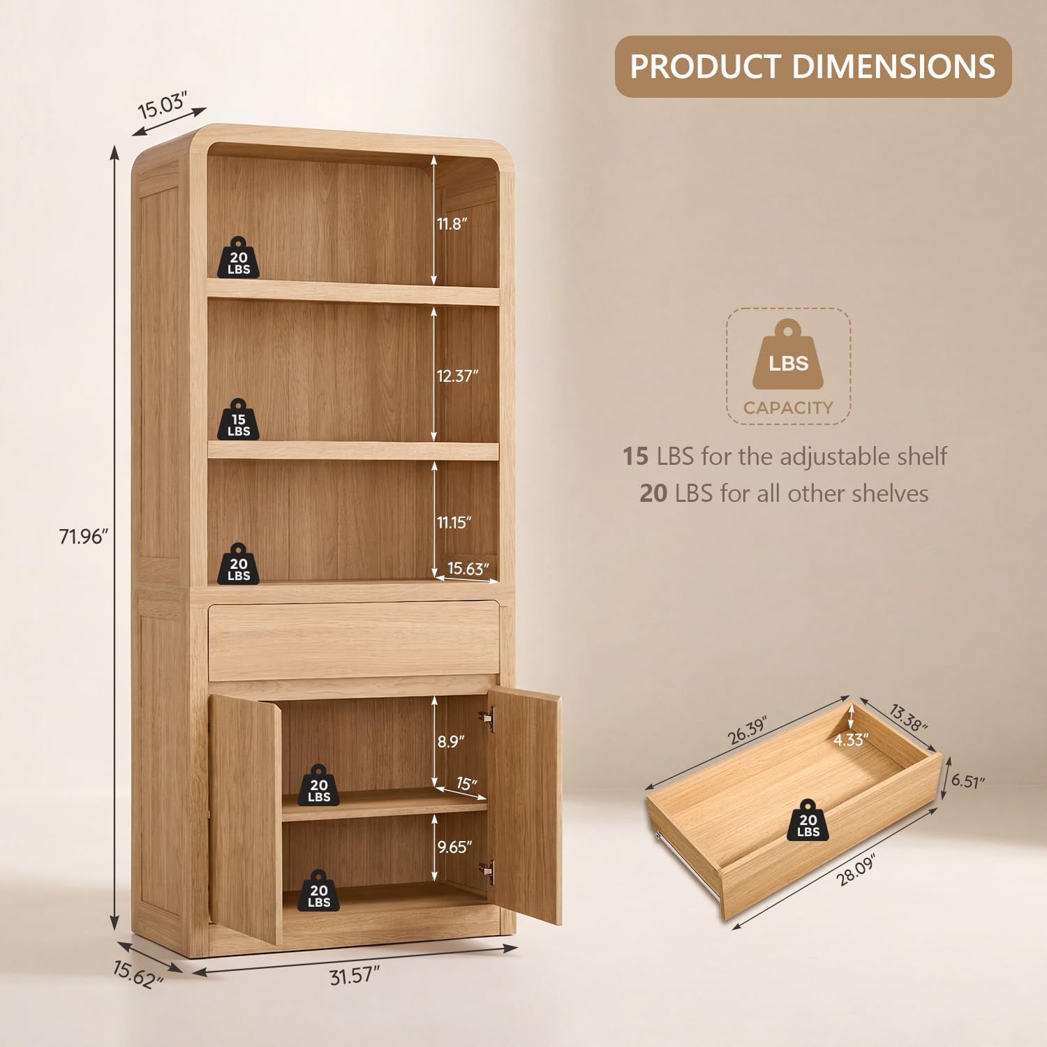 72" Tall Modern Bookshelf with Doors, 5-Tier Large Bookcase w/ Drawer, Wooden Storage Cabinet w/Adjustable Shelves, Versatile Book Shelf w/ Curved Profile Design for Living Room, Office, Natural Oak