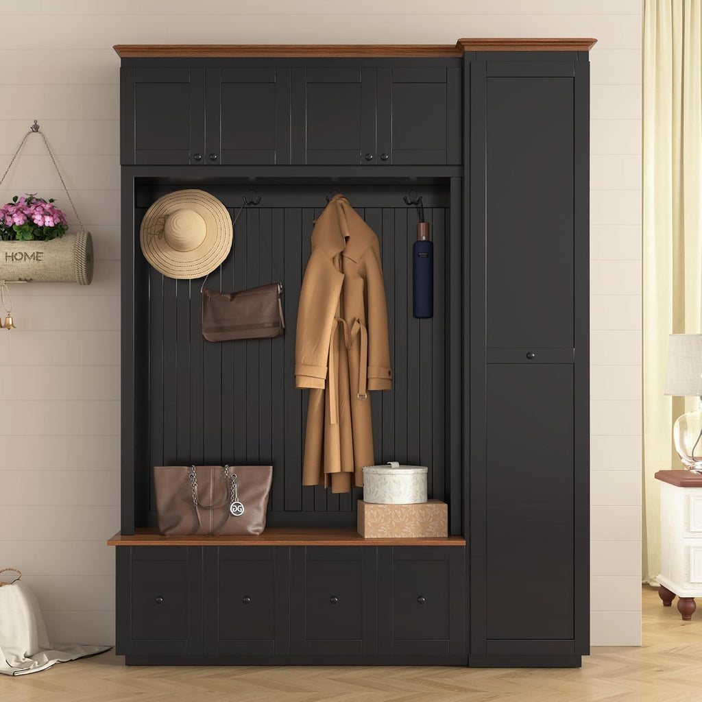 59"W Black Hall Tree Entryway Storage Bench with Extra Large Side Storage, 78.7"H Wooden Coat Shoe Rack Organizer with Hooks, Cabinets and 4 Drawers for Hallway, Entryway, Living Room or Mudroom