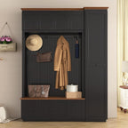 59"W Black Hall Tree Entryway Storage Bench with Extra Large Side Storage, 78.7"H Wooden Coat Shoe Rack Organizer with Hooks, Cabinets and 4 Drawers for Hallway, Entryway, Living Room or Mudroom