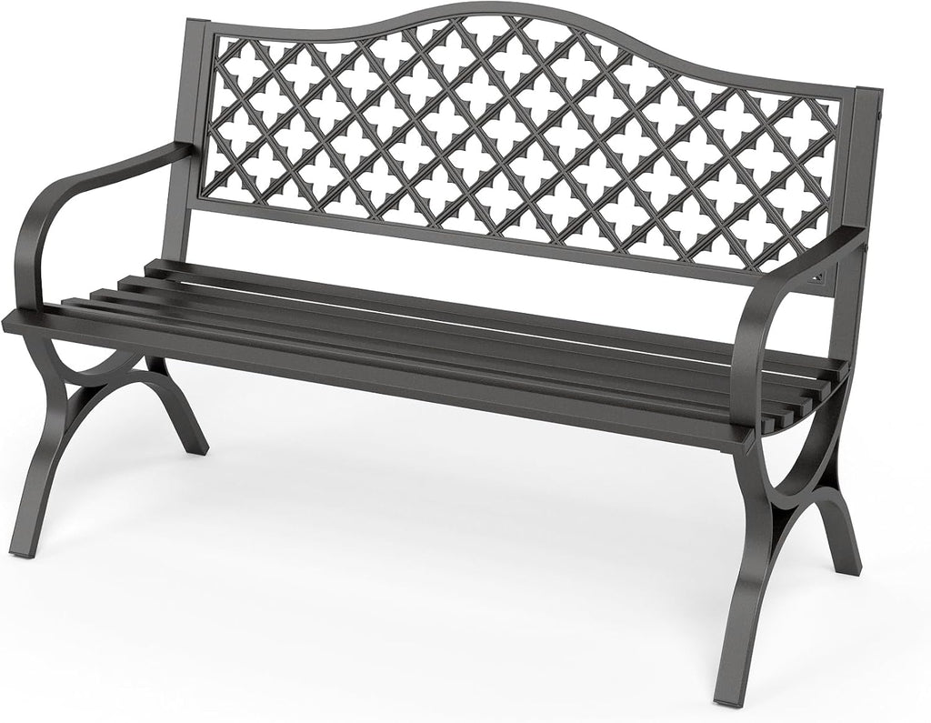 PHI VILLA Black Outdoor Garden Bench for Outdoors with Cast Iron Backrest and Sturdy Steel Frame 2-3 Seater Patio Bench for Porch Park and Yard