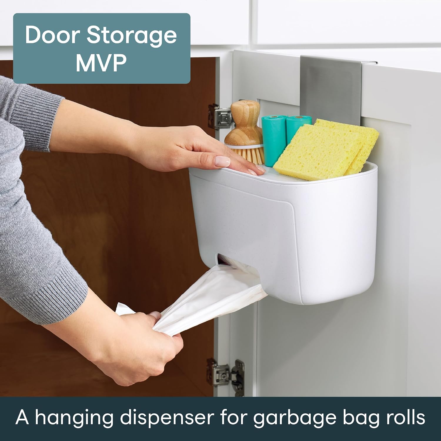 YouCopia DoorStash Garbage Bag Dispenser, Hanging Kitchen Cabinet Door Trash Bag Organizer with Removable Lid for Storage, Speckled White