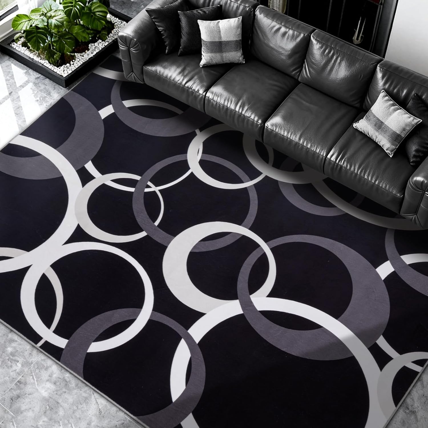 YIHOUSE Washable 5x7 Area Rugs for Living Room, Modern Black and White Rug for Bedroom Non Slip Low Pile, Modern Circle Pattern Carpet for Dining Room Playroom Home Office Decor