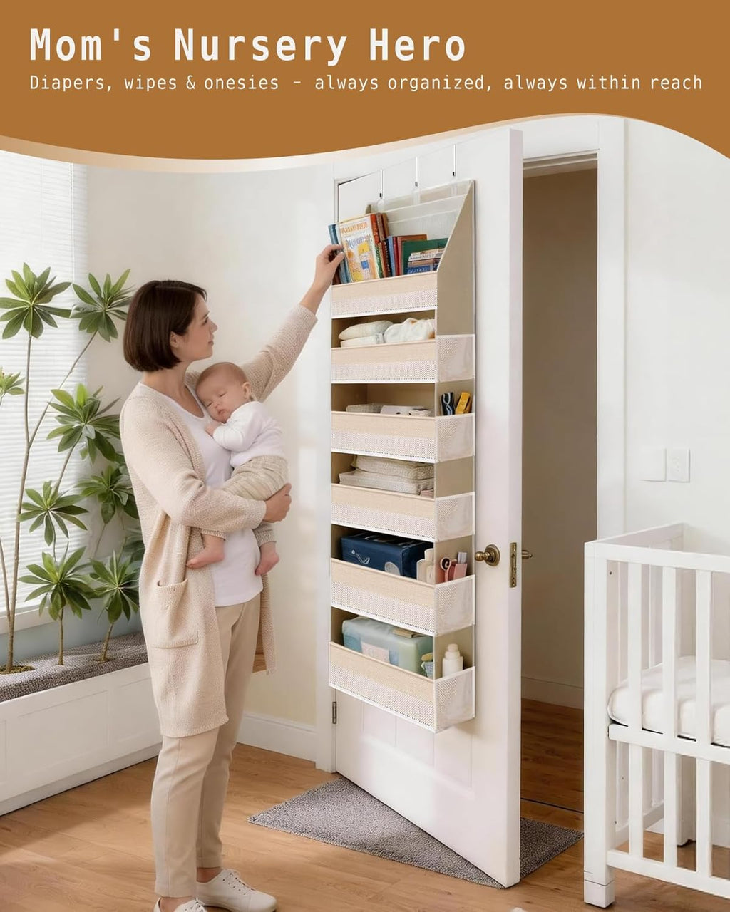 KMSCO Over The Door Organizer, 6 Large Pockets + 13 Mesh Side Pockets, Hanging Storage, 55lbs Capacity, Heavy Duty Non-Woven Fabric for Baby Nursery, Bathroom, Pantry, Closet, Beige, 1 Pack