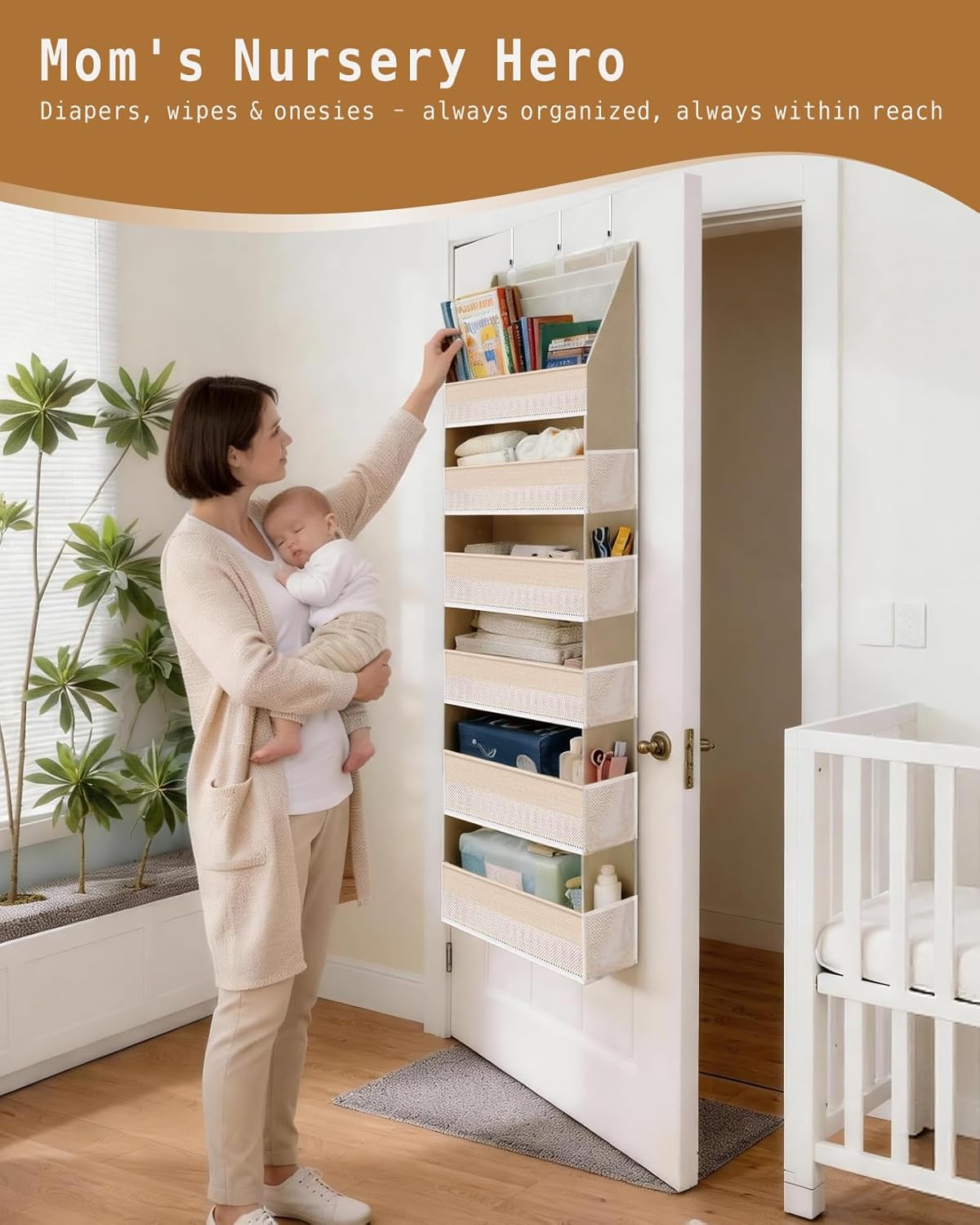 KMSCO Over The Door Organizer, 6 Large Pockets + 13 Mesh Side Pockets, Hanging Storage, 55lbs Capacity, Heavy Duty Non-Woven Fabric for Baby Nursery, Bathroom, Pantry, Closet, Beige, 1 Pack