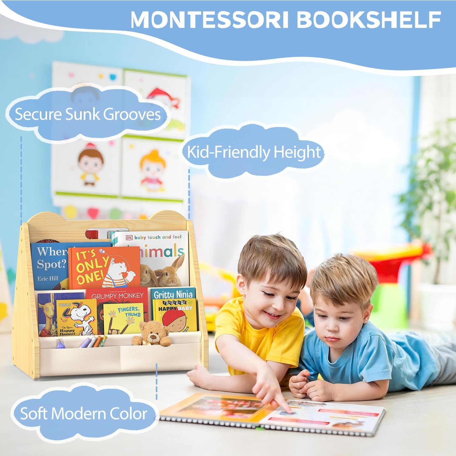Solid Pine Wood Kids Bookshelf, Double-Sided Nursery Book Shelves, Portable Toddler Bookshelf, Montessori Bookcase, Book Shelf for Kids Rooms, Childrens Book Storage Display for Bedroom Classroom