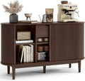 LINSY Home 55" Sideboard Buffet Cabinet,Tambour Sliding Doors & Drawer | Vintage Walnut Fluted Coffee Bar Cabinet with Storage, Mid Century Modern Wood Storage Buffet Table for Kitchen, Living Room