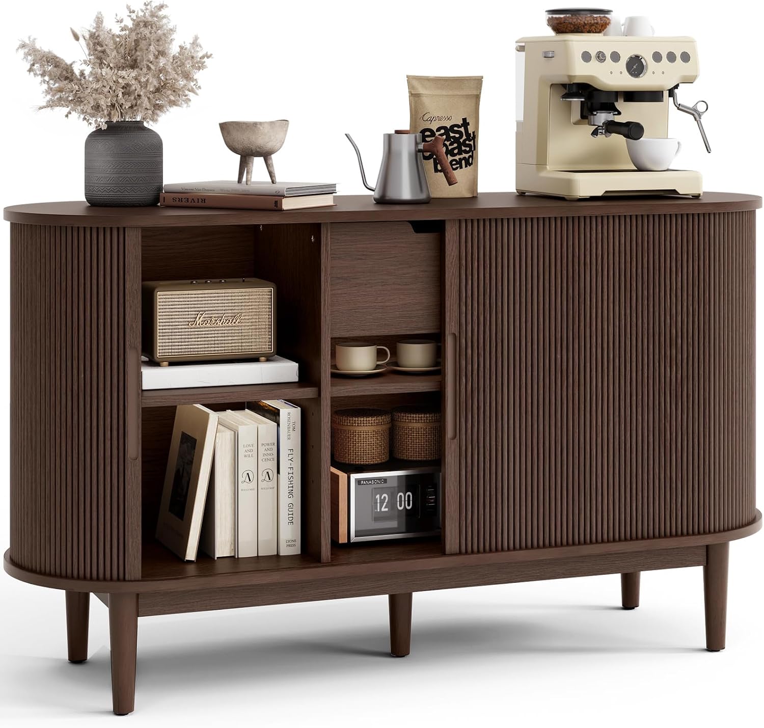 LINSY Home 55" Sideboard Buffet Cabinet,Tambour Sliding Doors & Drawer | Vintage Walnut Fluted Coffee Bar Cabinet with Storage, Mid Century Modern Wood Storage Buffet Table for Kitchen, Living Room