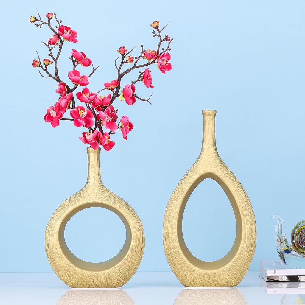 LCCCK Matte Gold Ceramic Vase Set of 2 - Ribbed Hollow Aesthetic Decorative Vase, Modern Farmhouse Table Centerpiece, Boho Gold Vases for Flower Decor and Home Living