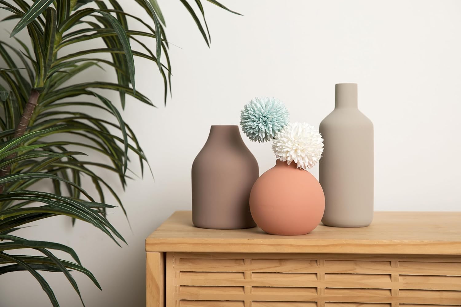 Ceramic Vase Set of 3 - Modern Farmhouse Decorative Vases for Home Decor. Boho, Rustic Vase, Small Neutral Pottery Vase Sets for Table, Shelf, Entryway, Living Room, Kitchen, Bedroom, Bathroom, Office