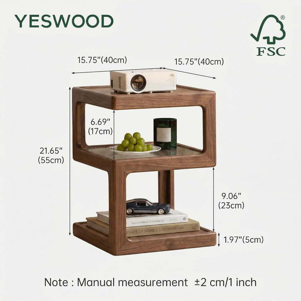 YESWOOD Solid Wood Side Table, Small End Table for Living Room Bedroom, Wooden Nightstand Bedside Table, 3-Tier Open Shelf Night Stand, Modern Accent Table for Sofa & Couch(Walnut, 15.74"D x 21.65"H)