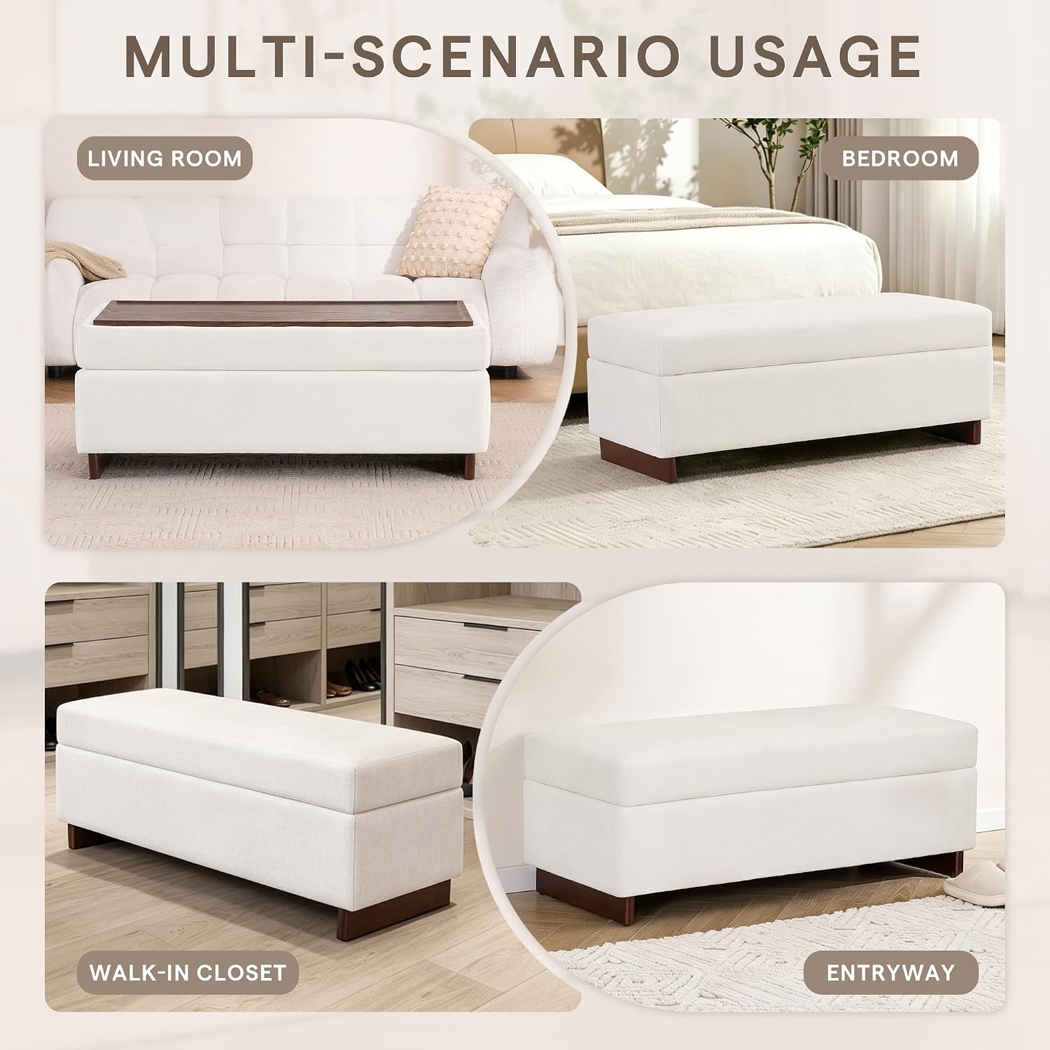 46 Inch Storage Ottoman Coffee Table, Large Upholstered Ottoman Bench with Storage, Wooden Tray and Legs for Living Room,Bedroom,End of Bed,Entryway,Beige