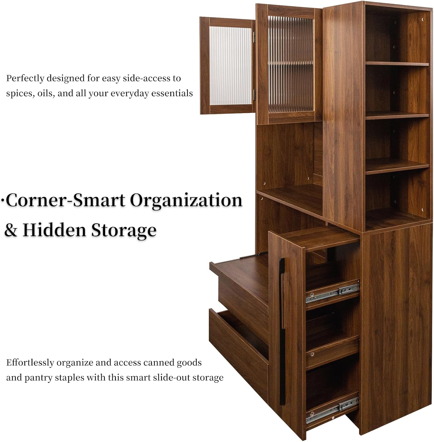 Tall Kitchen Hutch Cabinet with Pull-out Shelves, Storage Drawers, Glass Doors Freestanding Cable Management Pantry Large Kitchen Cupboard for Dining Room with Microwave Countertop Walnut Finish