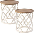 COZAYH Set of 2 Farmhouse End Table, Distressed Tray Top Side Table with Curved Motif Frame Base for Boho, Rustic, French Country, Small Space, Round, White (2 Pack)