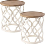 COZAYH Set of 2 Farmhouse End Table, Distressed Tray Top Side Table with Curved Motif Frame Base for Boho, Rustic, French Country, Small Space, Round, White (2 Pack)