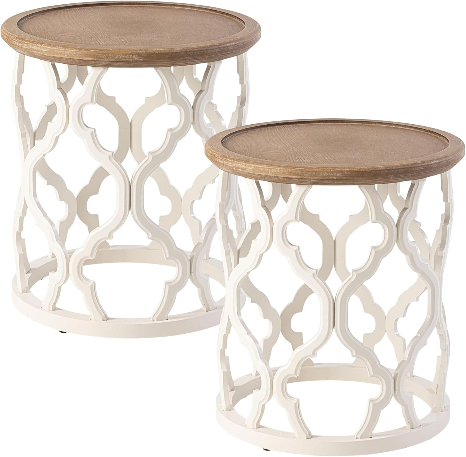COZAYH Set of 2 Farmhouse End Table, Distressed Tray Top Side Table with Curved Motif Frame Base for Boho, Rustic, French Country, Small Space, Round, White (2 Pack)