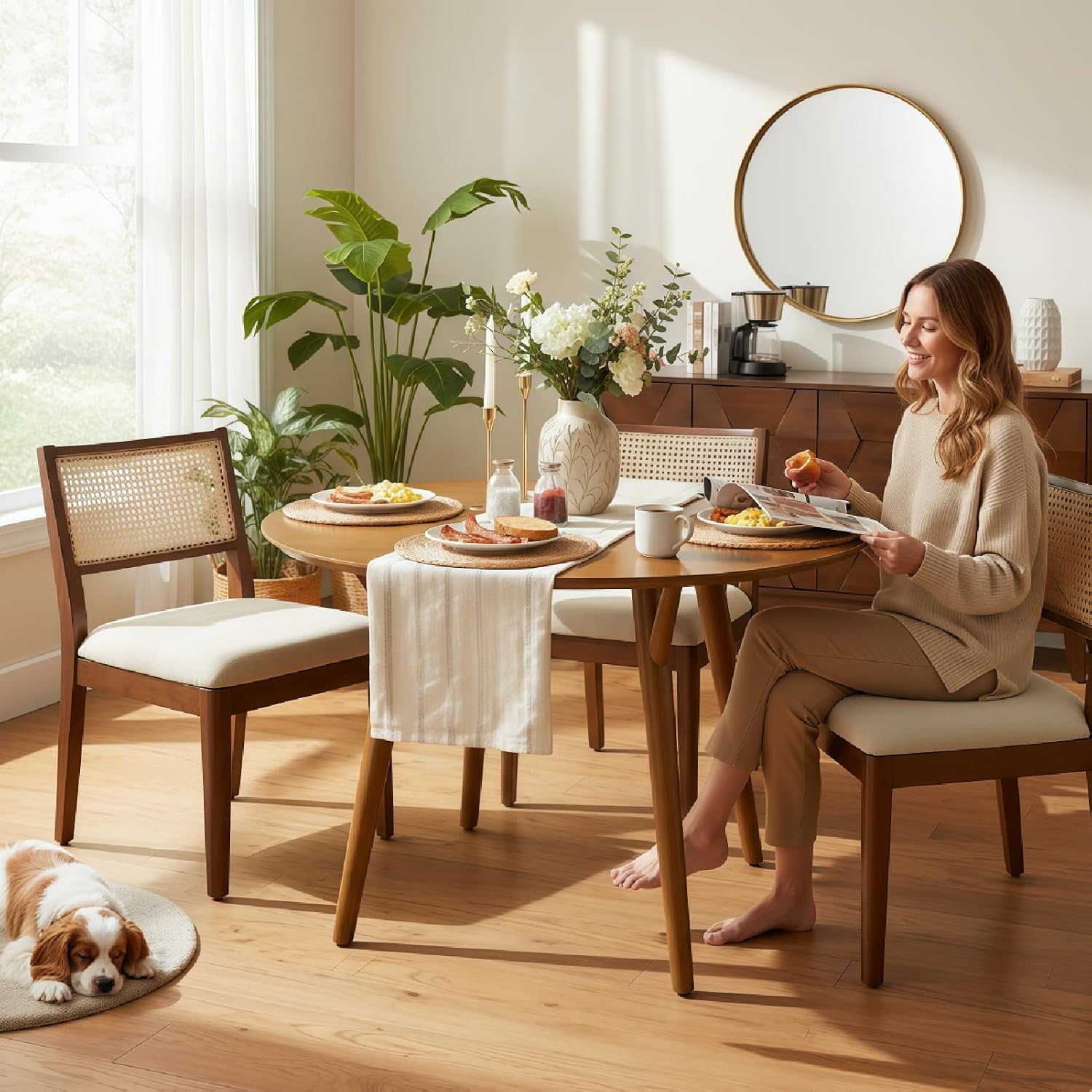 HULALA HOME Round Dining Table for 4, 45” Solid Wood Kitchen Dining Room Table, Small Dinner Coffee Writing Table for Kitchen Cafe Space Saving, Acorn