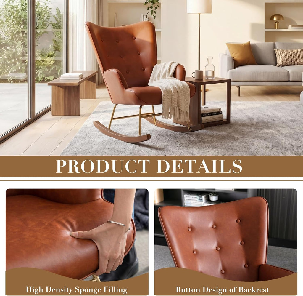 CIMOTA Nursery Rocking Chair, Faux Leather Upholstered Glider Chair with High Wingback, Nursery Rocker with Solid Wood & Metal Frame, Comfy Lounge Accent Chair for Living Room/Bedroom/Nursery, Brown