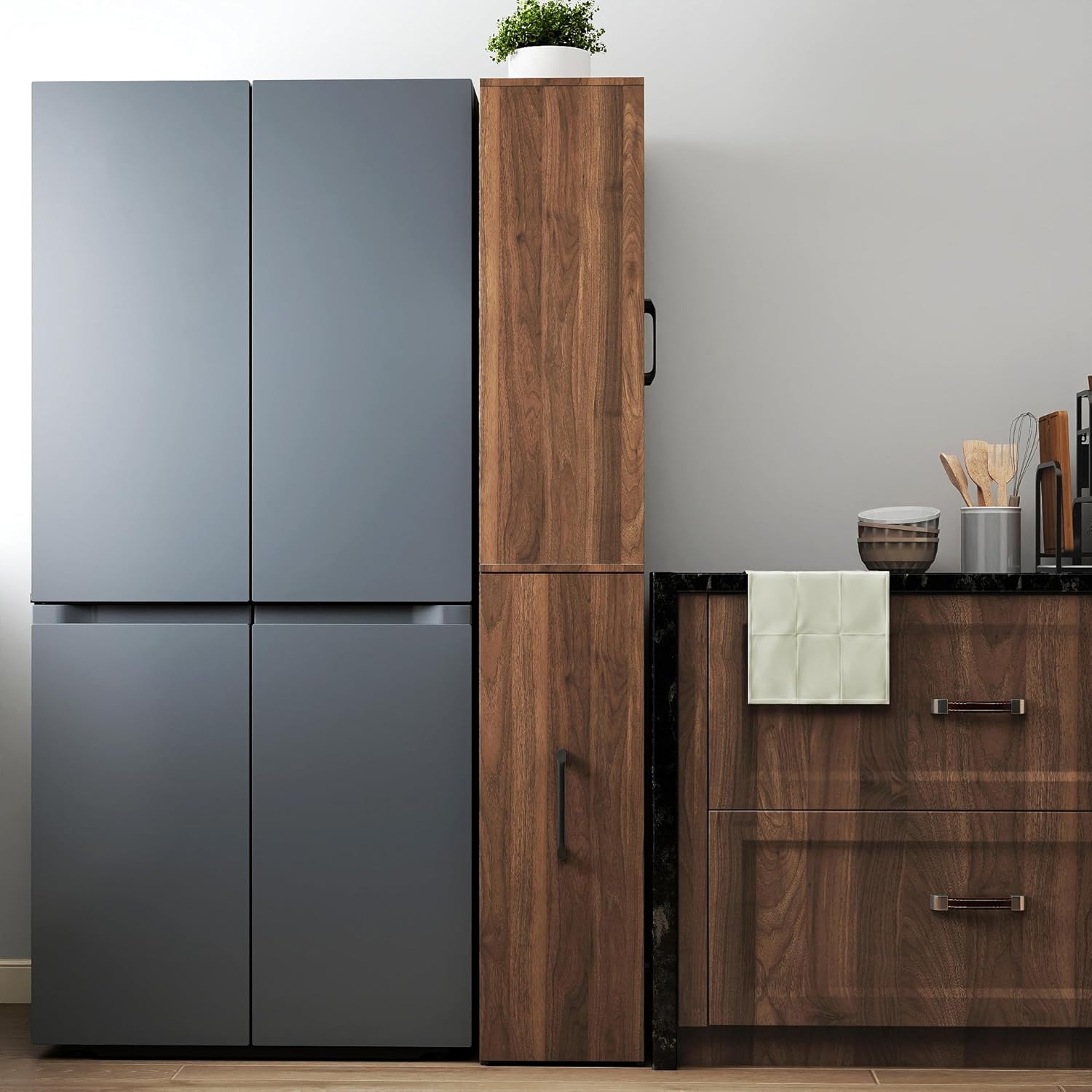 Ultra-Slim 70.87" H Display Storage Cabinet w/ 4-Tier Pull-Out Multi-Functional Shelves & 2 Glass Doors – Modern Wooden Kitchen Pantry Cabinet for Living/Dining/Kitchen – Space-Saving Design (Walnut)