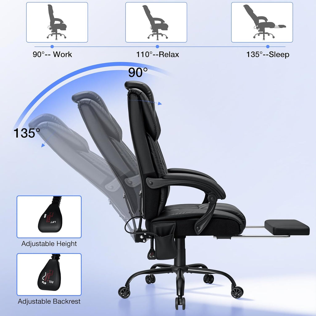 HOFFREE Executive Office Chair with Adjustable Lumbar Support High Back Computer Chair with Adjustable Headrest Reclining Home Office Desk Chair with Foot Rest,Black