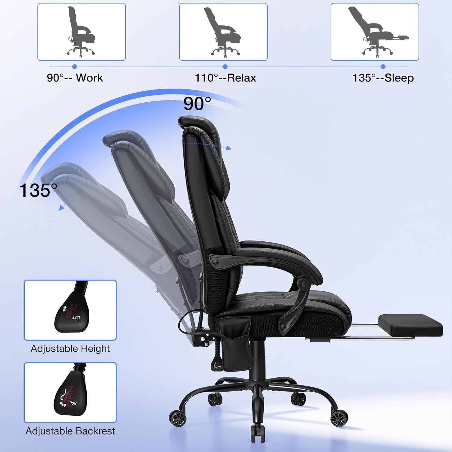 HOFFREE Executive Office Chair with Adjustable Lumbar Support High Back Computer Chair with Adjustable Headrest Reclining Home Office Desk Chair with Foot Rest,Black