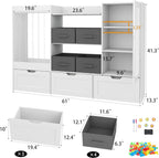 61" W Kids Toy Storage Organizer with Stuffed Animal Storage, 3 Movable Storage Drawers, 4 Removable Storage Bins, Wooden Bookshelf with Magnetic Drawing Board for Kids Room & Playroom, White