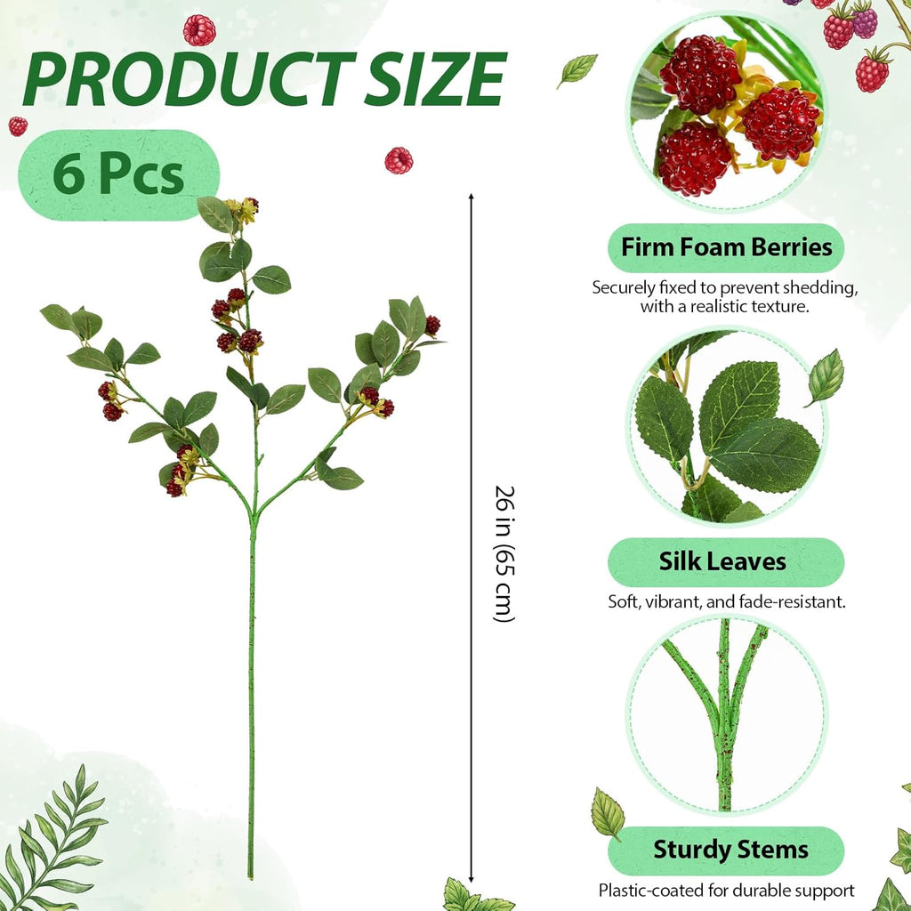 6 Pcs Artificial Red Berry Stems Branches, 26 in Faux Raspberry Stem Realistic Long Stems Flowers Bouquet Spray Picks for Fall Tall Vase Indoor Home Table Wedding Party Decor