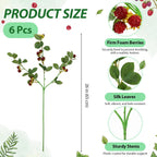 6 Pcs Artificial Red Berry Stems Branches, 26 in Faux Raspberry Stem Realistic Long Stems Flowers Bouquet Spray Picks for Fall Tall Vase Indoor Home Table Wedding Party Decor