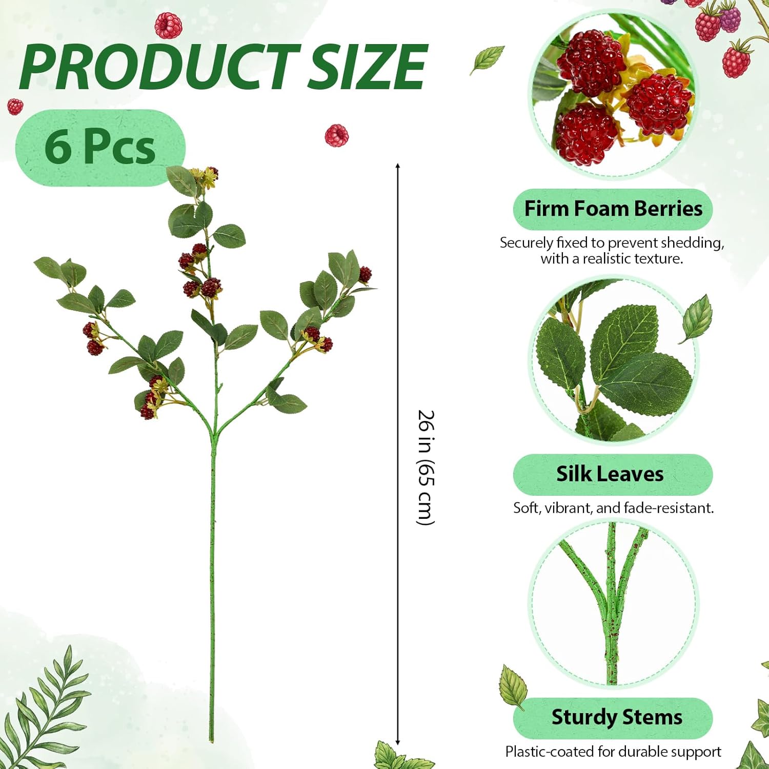 6 Pcs Artificial Red Berry Stems Branches, 26 in Faux Raspberry Stem Realistic Long Stems Flowers Bouquet Spray Picks for Fall Tall Vase Indoor Home Table Wedding Party Decor